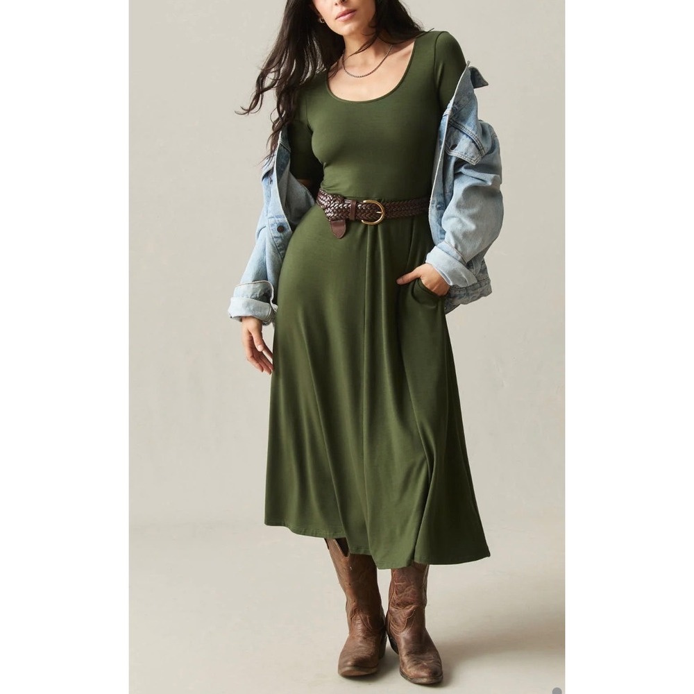 American Giant Olive Green Flex Fit & Flare Midi Dress Womens Size M USA Made - Picture 8 of 12